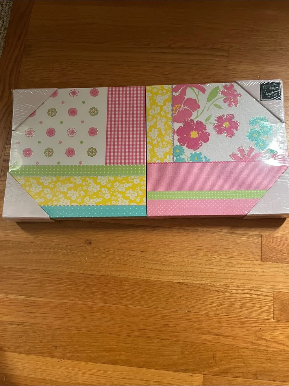 Cynthia Rowley Pink Floral Wall Art with Aqua and Yellow Accents 2 pieces, 12x12